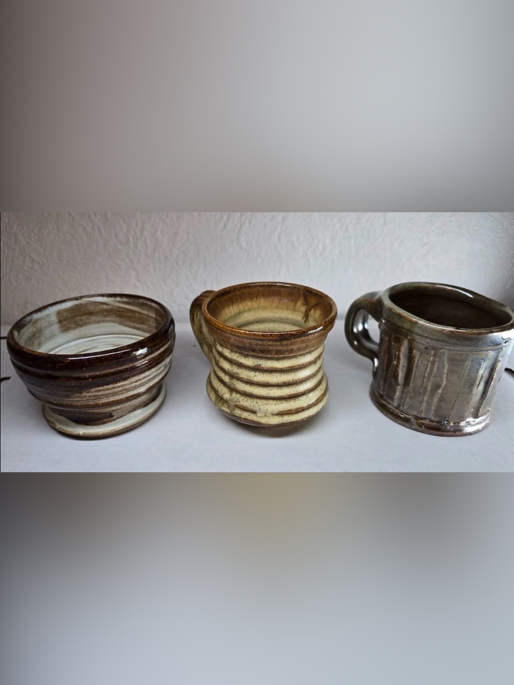 3 VTG Studio Pottery Mug - Handcrafted Brown & Cream Glazed Ceramic Coffee Cup